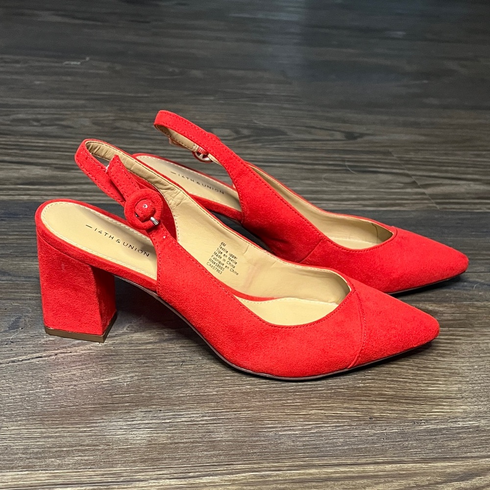 14th & Union Red Orange Pointed Toe Slingback Block Heels